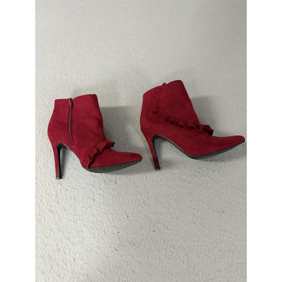 Source Unknown Shoes - Ankle Booties Womens Size 8 Red Faux Suede Ruffle Stiletto Dress Heel Boot